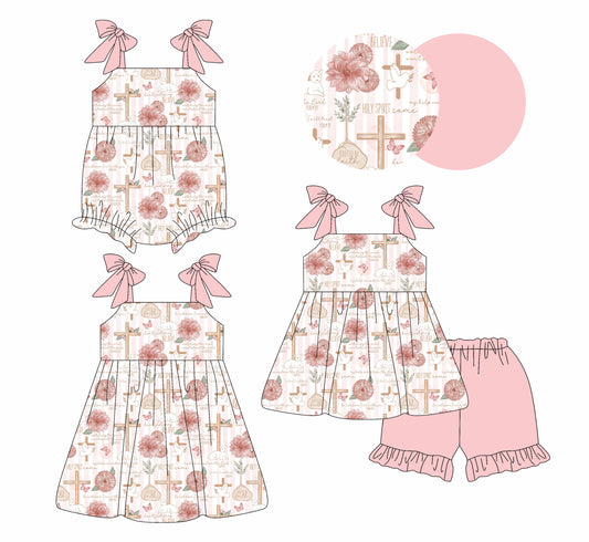 26.1.14 Custom MOQ:3 or 5 pcs each design milk silk Sibling baby girl clothes easter floral short sleeve shorts sets and dress and romper