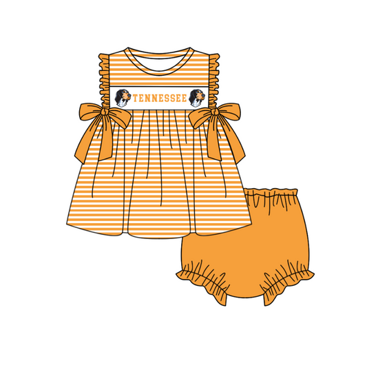 1.31 Custom Order Moq 3 Baby Girl Tennessee Orange Bows Stripe Tunic Top Team Clothes Sets