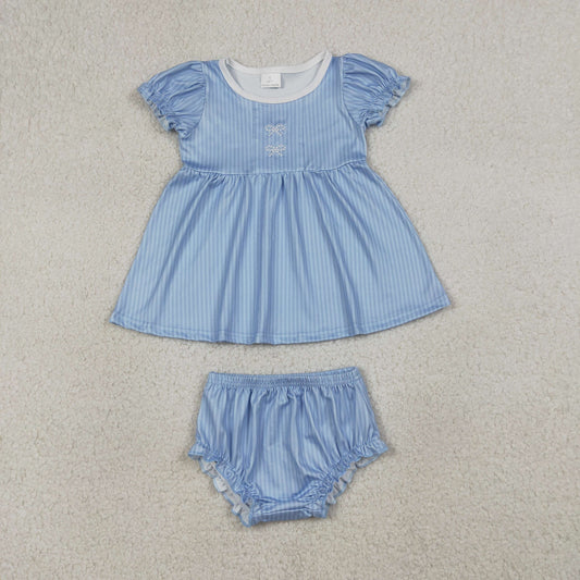 GBO0486 Newborn Embroidery Bows Baby Girl Blue Stripe Tunic Bummies Clothes Sets