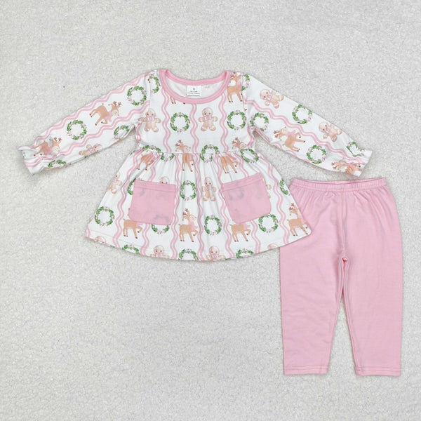 GLP1629 Baby Girls Christmas Gingerbread Fawn Garland Pocket Top Legging Clothes Set