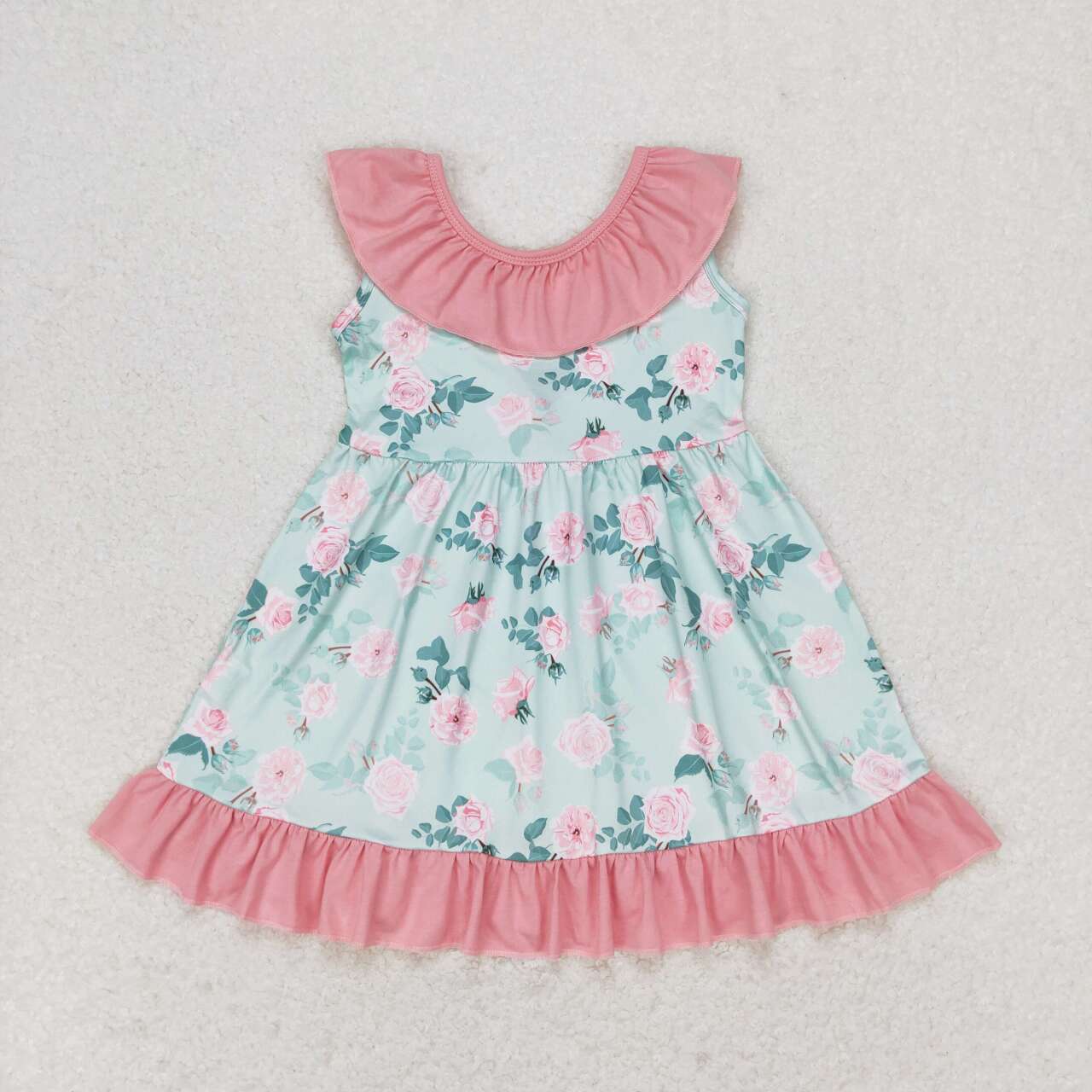 GSD0722 Flower pink lace bow aqua sleeveless dress