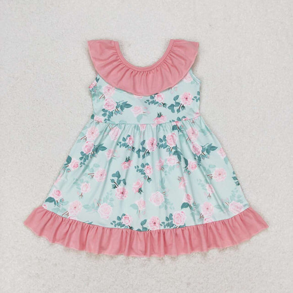 GSD0722 Flower pink lace bow aqua sleeveless dress