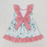 GSD0722 Flower pink lace bow aqua sleeveless dress