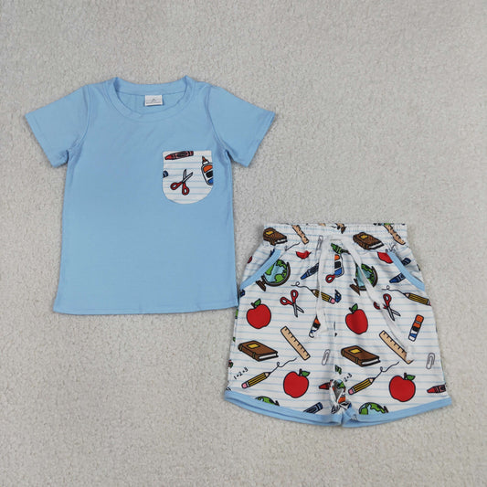 BSSO1921 Kids Baby Boys Apples Pencils Top Pockets Shorts Back to School Clothes Sets