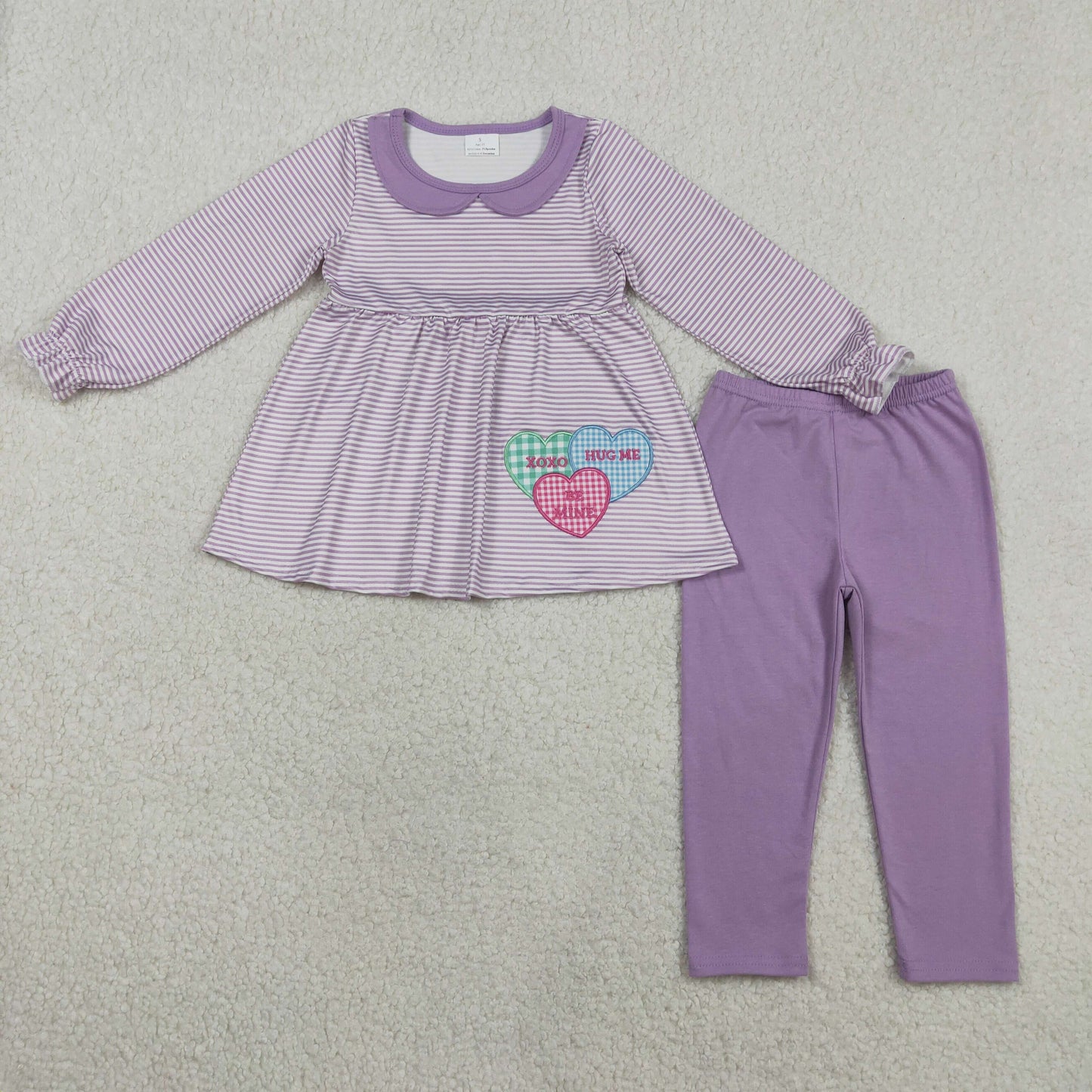RTS NO MOQ（In Stock) GLP3262 Embroidered xoxo letter heart Peter Pan collar purple striped long-sleeved shirt and pants set