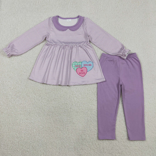 RTS NO MOQ(In Stock) GLP3262 Embroidered xoxo letter heart Peter Pan collar purple striped long-sleeved shirt and pants set