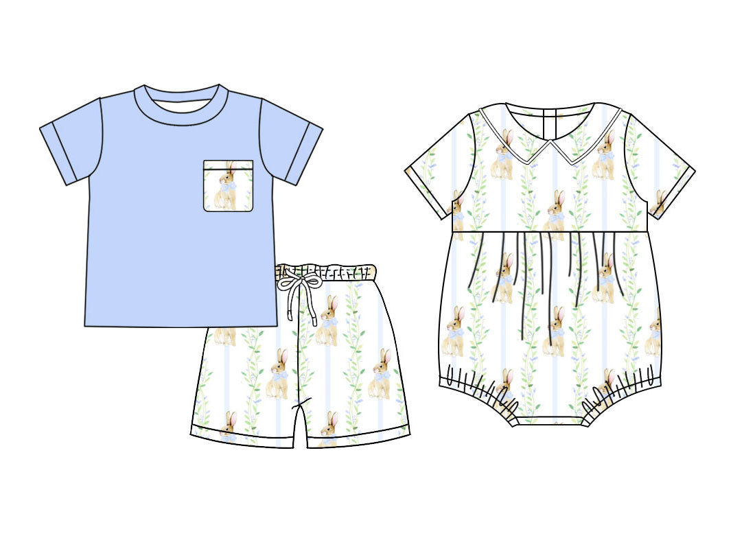 26.1.5 Custom MOQ:3 or 5 pcs each design milk silk Sibling baby boy clothes easter short sleeve shorts sets and romper