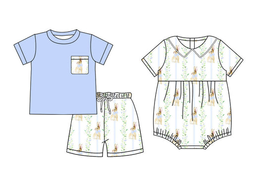 26.1.5 Custom MOQ:3 or 5 pcs each design milk silk Sibling baby boy clothes easter short sleeve shorts sets and romper
