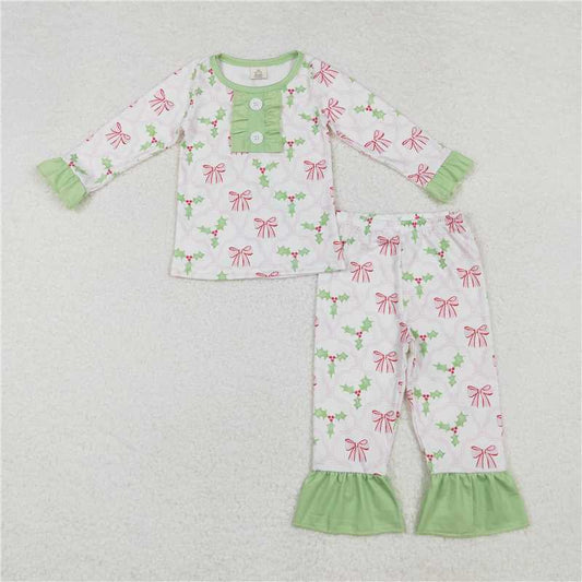 GLP1487 Baby Girls Christmas Bows Holly Bamboo Pajamas Clothes Set