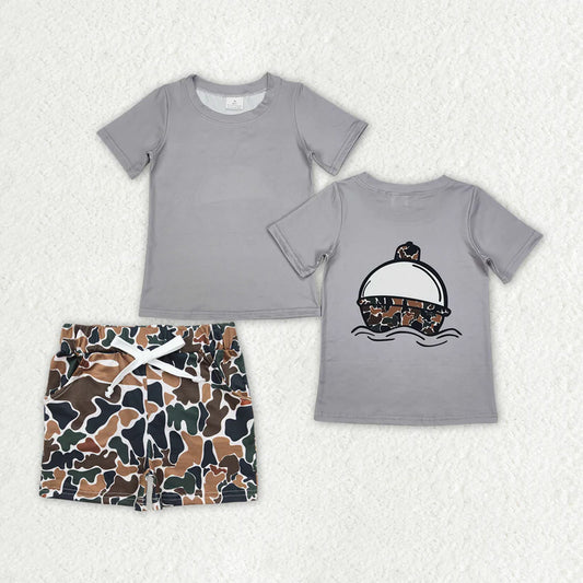 BT0961+SS0359 Baby Boys Fishing Grey Tops Camouflage Shorts Outfits Clothes Set