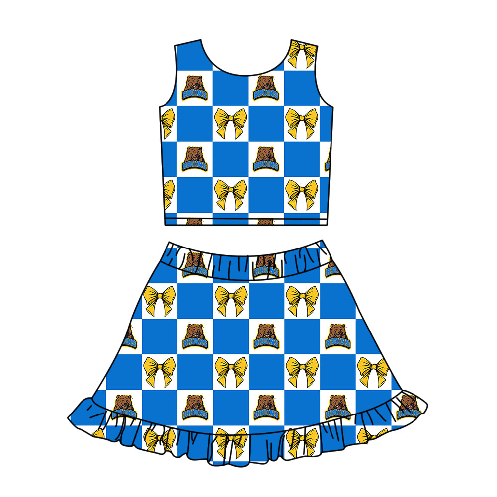 1.28 Custom Moq 3 Baby Girl UCLA Bows Plaid Top Ruffle Skirt Short Team Clothes Sets