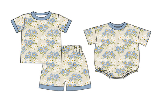 26.1.6 Custom MOQ:3 or 5 pcs each design milk silk Sibling baby girl clothes floral short sleeve shorts sets and romper