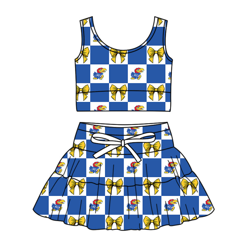 Custom MOQ 3 or 5 pcs Team Design Girl Summer Blue KU Bows Plaid Vests Top Skirt Short Team Clothes Sets