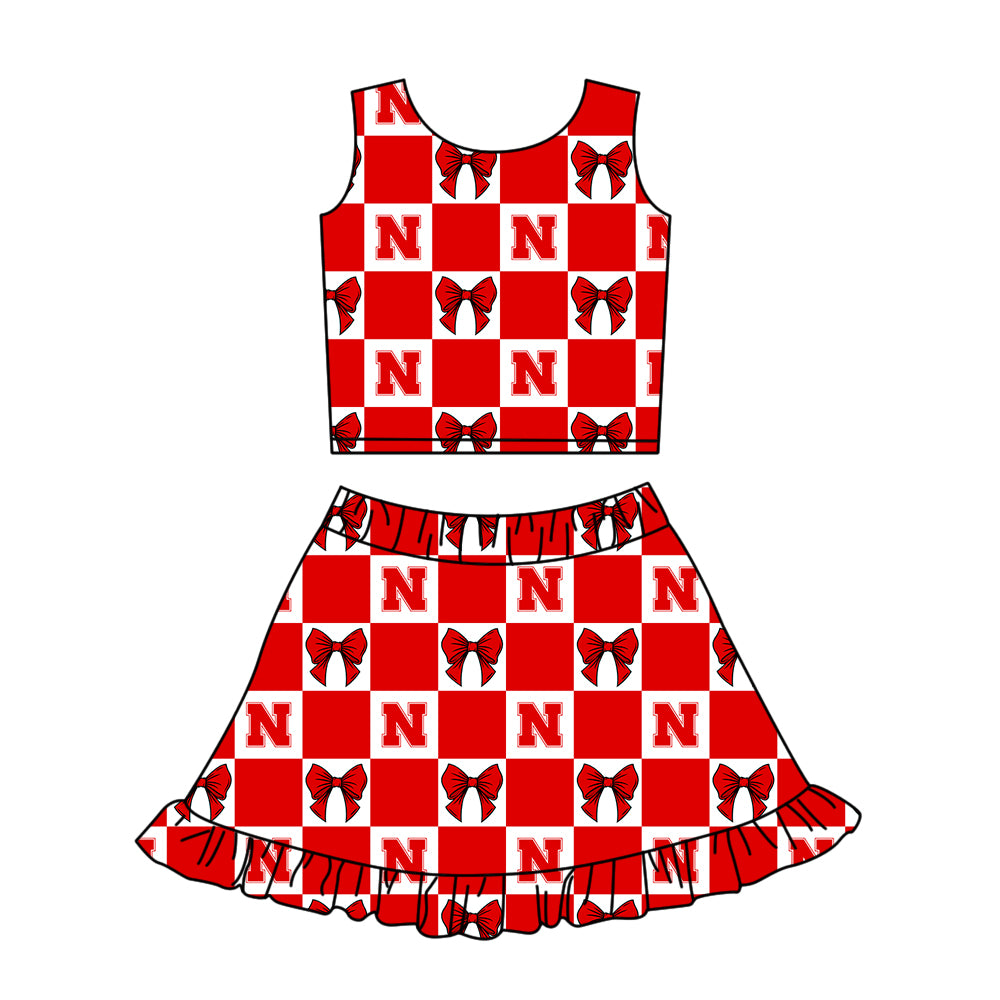 Custom Milk Silk Order MOQ:3 or 5 pcs Each Design Team State Girl Summer Bow Red Sleeveless Skirts Sets-26.1.22