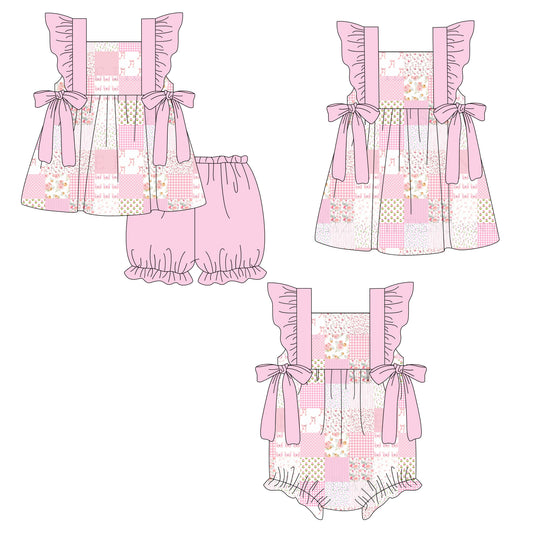 26.1.3 Custom MOQ:3 or 5 pcs each design milk silk Sibling baby girl clothes floral bow short sleeve shorts sets and dress and romper