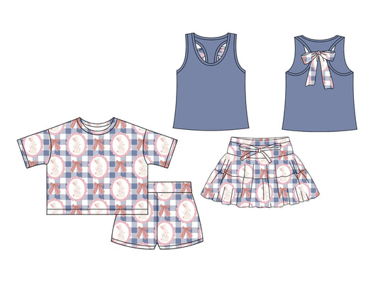 26.1.13 Custom MOQ:3 or 5 pcs each design milk silk Sibling baby girl clothes bunny bow short sleeve shorts sets and skirts sets