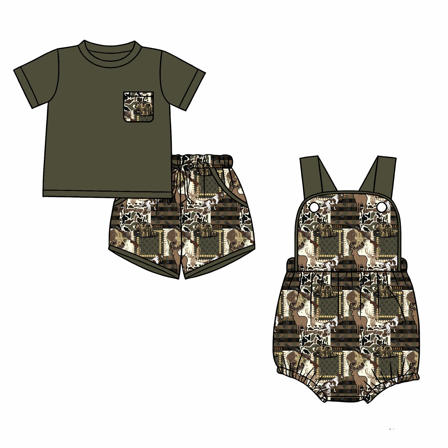 26.1.1 Custom MOQ:3 or 5 pcs each design milk silk Sibling baby boy clothes camouflage short sleeve shorts sets and romper