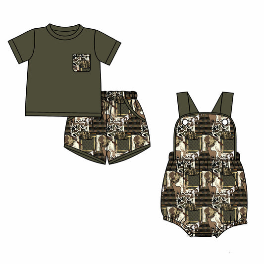 26.1.1 Custom MOQ:3 or 5 pcs each design milk silk Sibling baby boy clothes camouflage short sleeve shorts sets and romper