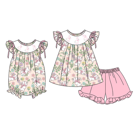 26.1.10 Custom MOQ:3 or 5 pcs each design milk silk Sibling baby girl clothes bunny floral bow short sleeve shorts sets and romper
