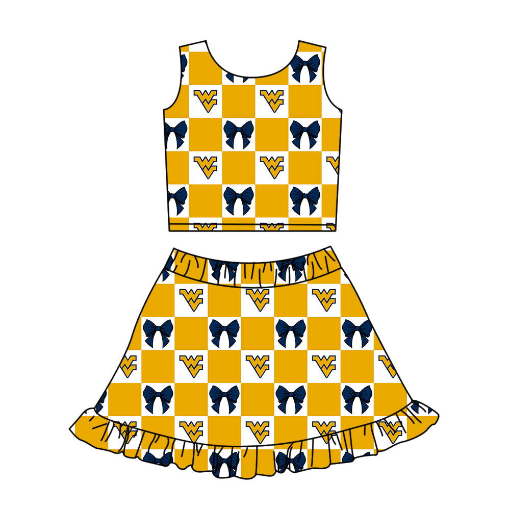 Custom MOQ 3 or 5 pcs Team Design Girl Summer Yellow WV Bows Plaid Top Ruffle Skirt Short Team Clothes Sets