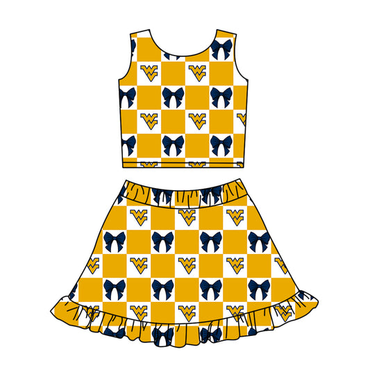 Custom MOQ 3 or 5 pcs Team Design Girl Summer Yellow WV Bows Plaid Top Ruffle Skirt Short Team Clothes Sets