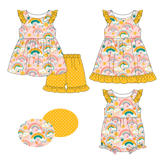 26.1.8 Custom MOQ:3 or 5 pcs each design milk silk Sibling baby girl clothes rainbow short sleeve shorts sets and dress and romper