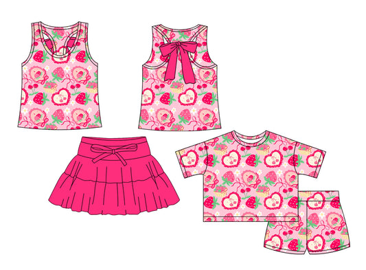 26.1.9 Custom MOQ:3 or 5 pcs each design milk silk Sibling baby girl clothes strawberry bow short sleeve shorts sets and skirts sets