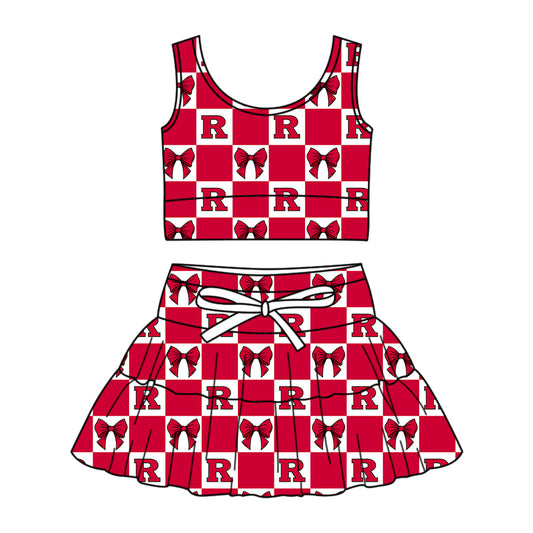 Custom Milk Silk Order MOQ:3 or 5 pcs Each Design Team State Girl Summer Bow Red Sleeveless Skirts Sets-26.1.23