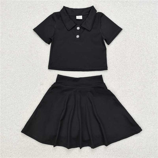 L-3.3 GSD1397 Baby Girls Black Buttons Shirt Skirt Active Wear Clothes Set