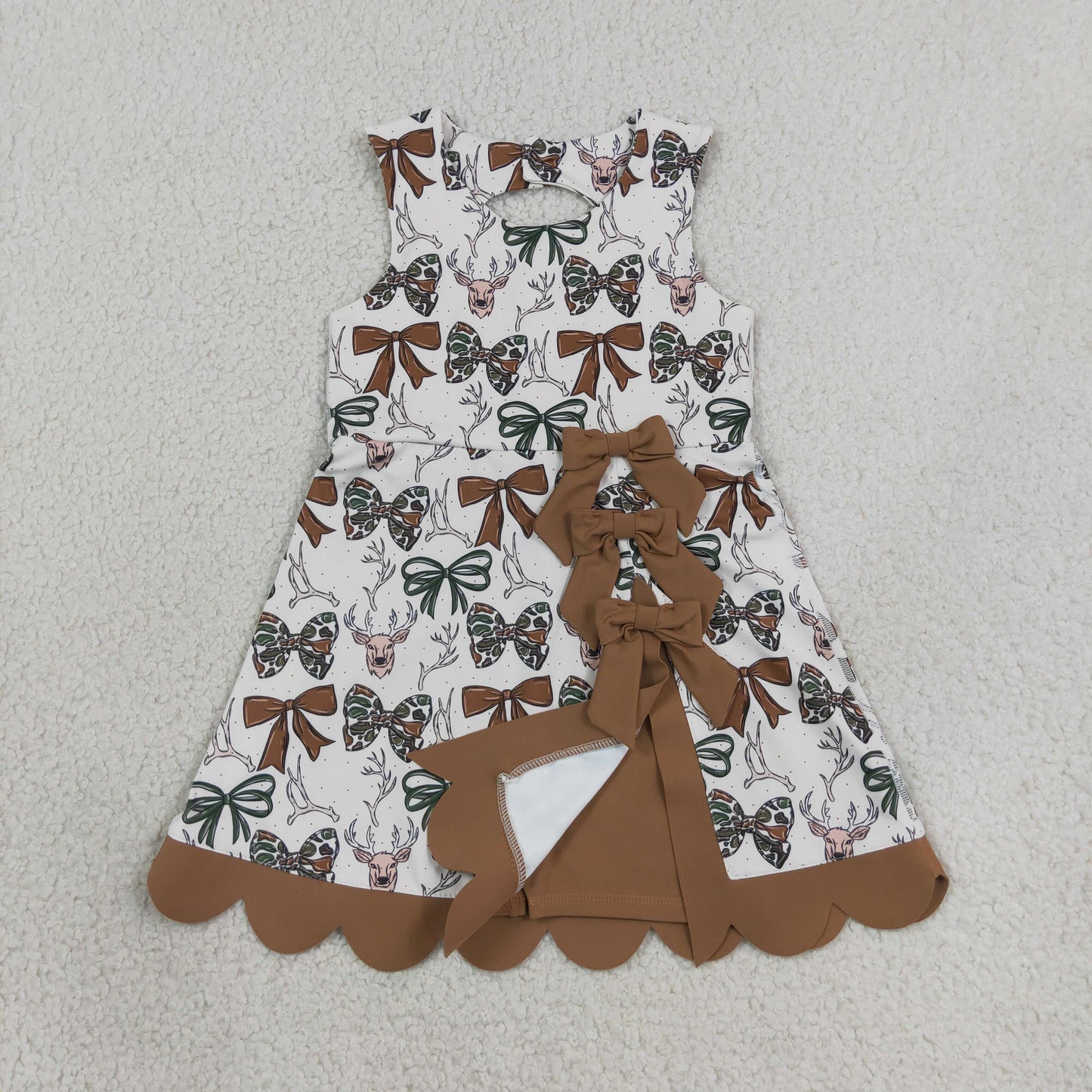 GSD4008 Kids Clothing Baby Girls Camo Bows Deer Hunting Yoga Active Short Bows Scallop Knee Length Dress