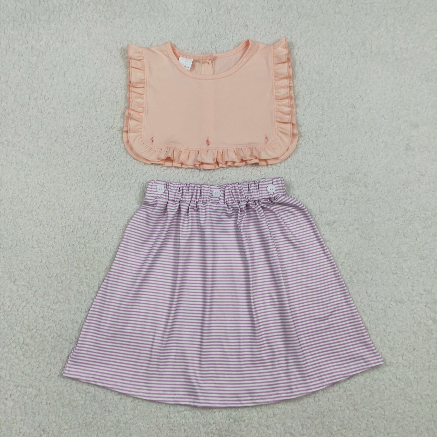 GSD3559 Kids Baby Girl Peach Sleeveless Lavender Stripe Button Knee Length Dresses