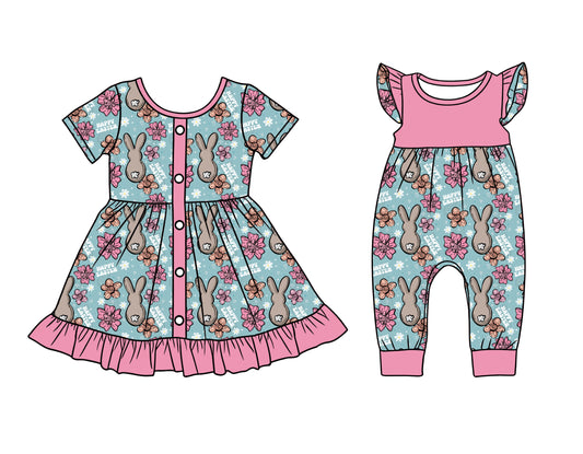 26.1.13 Custom MOQ:3 or 5 pcs each design milk silk Sibling baby girl clothes easter bunny short sleeve dress and romper
