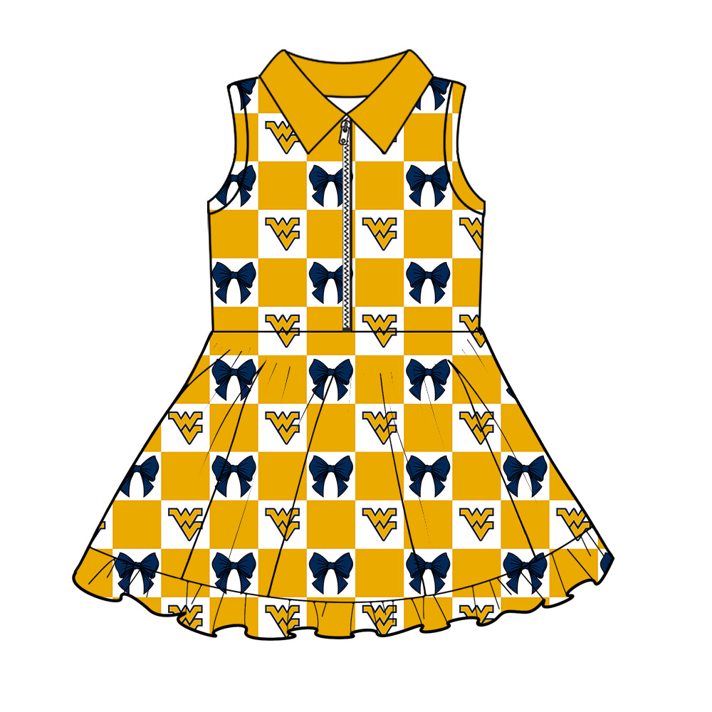 Custom MOQ 3 or 5 pcs Team Design Girl Summer Yellow WV Bows Plaid Sleeveless Dress