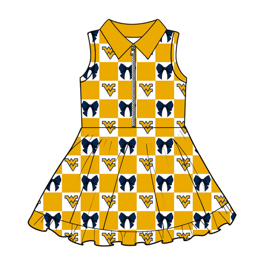Custom MOQ 3 or 5 pcs Team Design Girl Summer Yellow WV Bows Plaid Sleeveless Dress