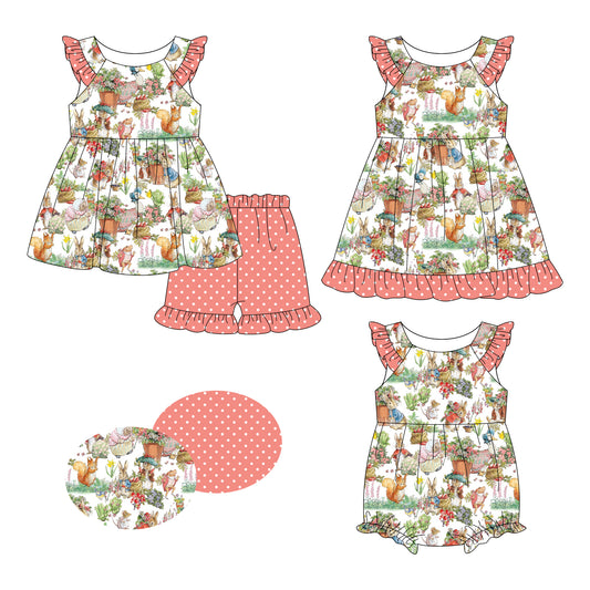 26.1.8 Custom MOQ:3 or 5 pcs each design milk silk Sibling baby girl clothes easter short sleeve shorts sets and dress and romper