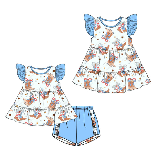 26.1.9 Custom MOQ:3 or 5 pcs each design milk silk Sibling baby girl clothes boot bow short sleeve shorts sets and dress