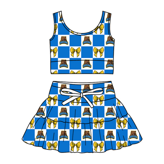 1.28 Custom Moq 3 Baby Girl Summer UCLA Bow Plaid Vests Top Skirt Short Team Clothes Sets