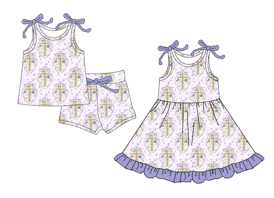 26.1.14 Custom MOQ:3 or 5 pcs each design milk silk Sibling baby girl clothes easter bow floral short sleeve shorts sets and dress