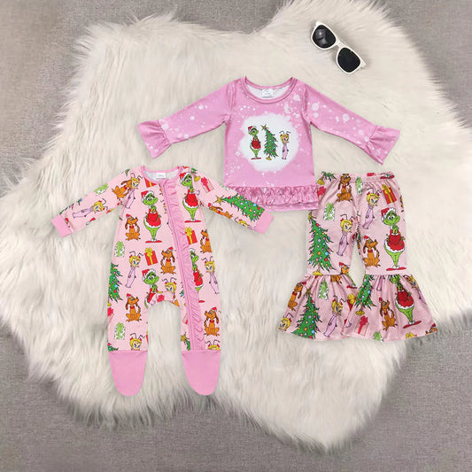 Sibling Baby Kids Girls Christmas Pink Frog Top Bell Bottom Pant Set Zipper Romper