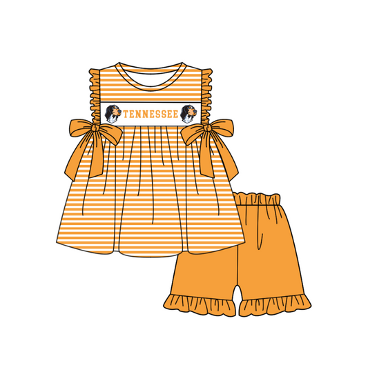 1.31 Custom Order Moq 3 Baby Girl Tennessee Orange Team Bows Stripe Tunic Top Ruffle Shorts Clothes Sets