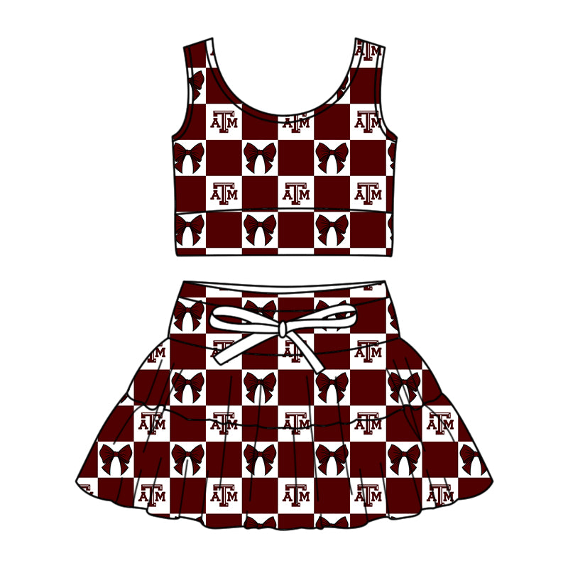 Custom Milk Silk Order MOQ:3 or 5 pcs Each Design Team State Girl Summer Bow Dark red Sleeveless Skirts Sets-26.1.20