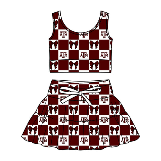 Custom Milk Silk Order MOQ:3 or 5 pcs Each Design Team State Girl Summer Bow Dark red Sleeveless Skirts Sets-26.1.20