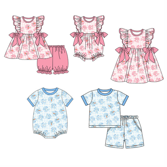 26.1.6 Custom MOQ:3 or 5 pcs each design milk silk Sibling baby girl boys clothes short sleeve shorts sets 2 and dress and romper 2