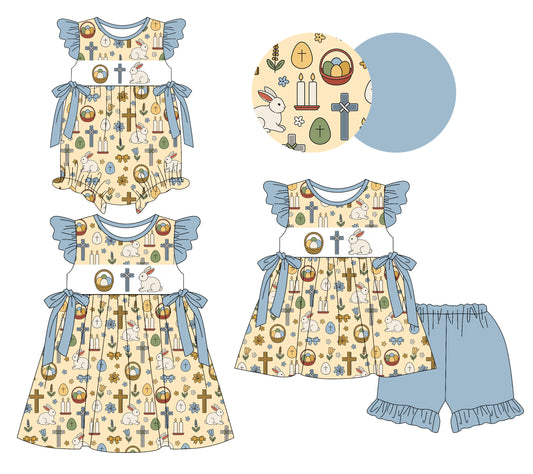26.1.5 Custom MOQ:3 or 5 pcs each design milk silk Sibling baby girl clothes easter short sleeve shorts sets and dress and romper