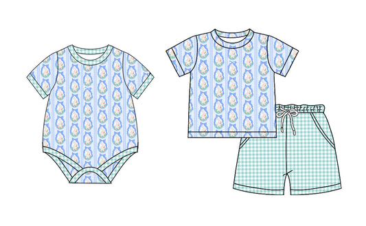 26.1.15 Custom MOQ:3 or 5 pcs each design milk silk Sibling baby boy clothes easter bow short sleeve shorts sets and romper