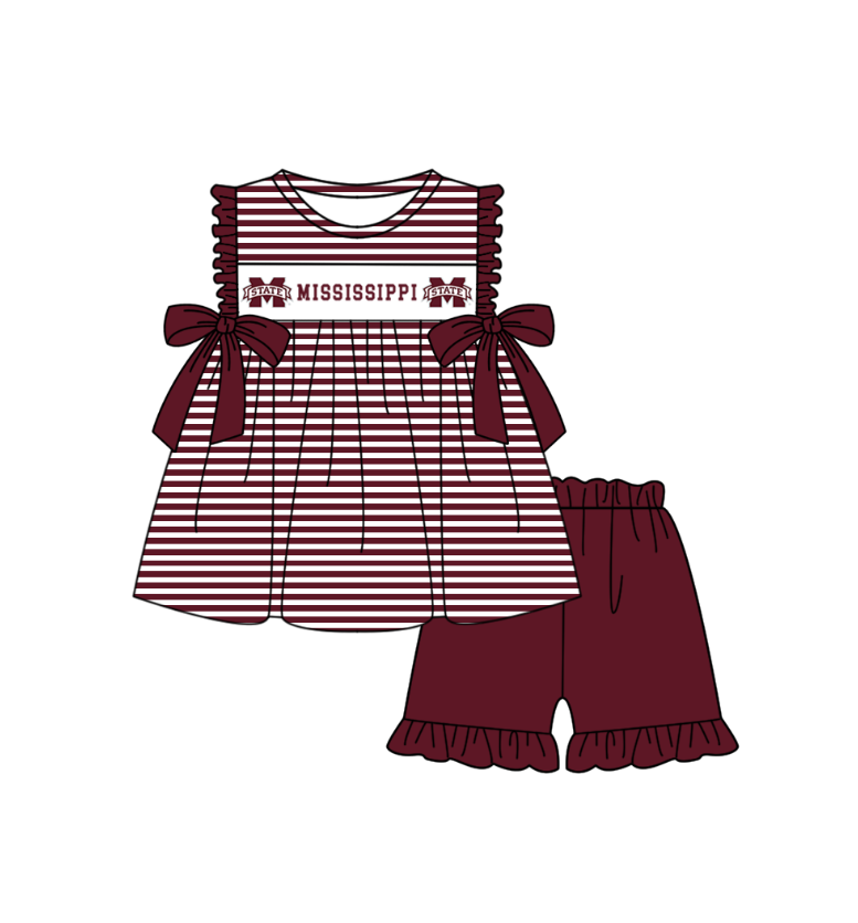 1.30 Custom Order Moq 3 Baby Girl Mississippi Team Bows Stripe Tunic Top Ruffle Shorts Clothes Sets