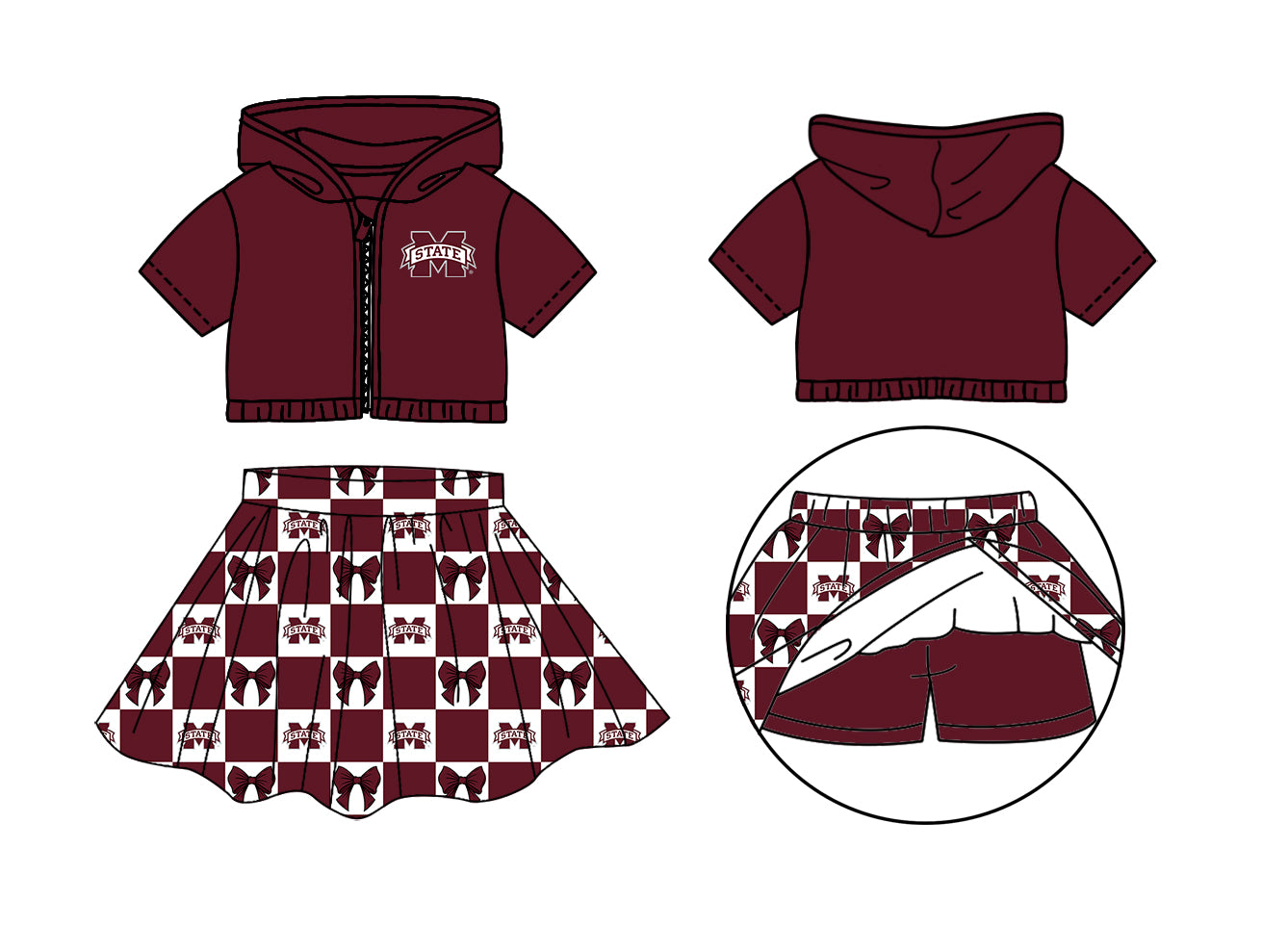 Custom Milk Silk Order MOQ:3 or 5 pcs Each Design Team State Girl Summer Bow Dark Red Zipper Hooded Short Sleeve Short Skirts Sets-26.1.19