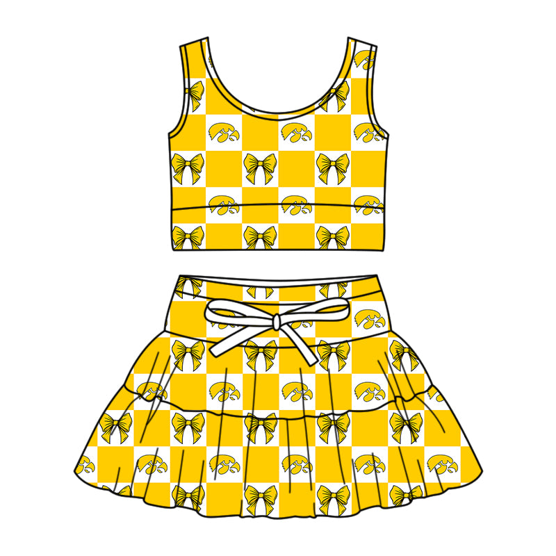 Custom Milk Silk Order MOQ:3 or 5 pcs Each Design Team State Girl Summer Bow Yellow Sleeveless Skirts Sets-26.1.21