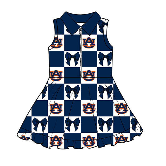 Custom Milk Silk Order MOQ:3 or 5 pcs Each Design Team State Girl Summer Bow Dark Blue Sleeveless Dress-26.1.17