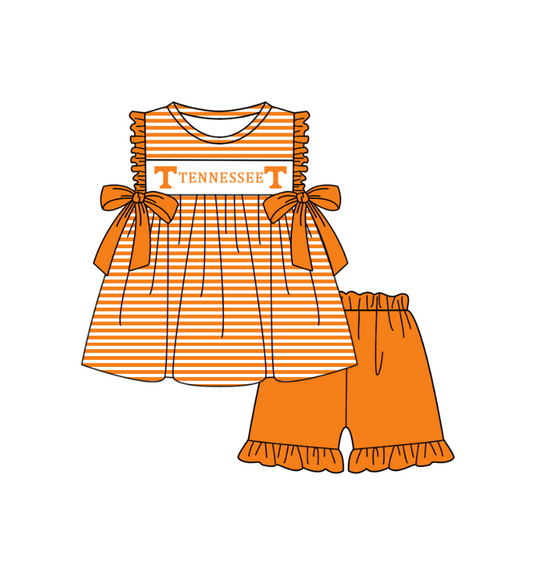 1.29 Custom Order Moq 3 Baby Girl Orange T Team Bows Stripe Tunic Top Ruffle Shorts Clothes Sets